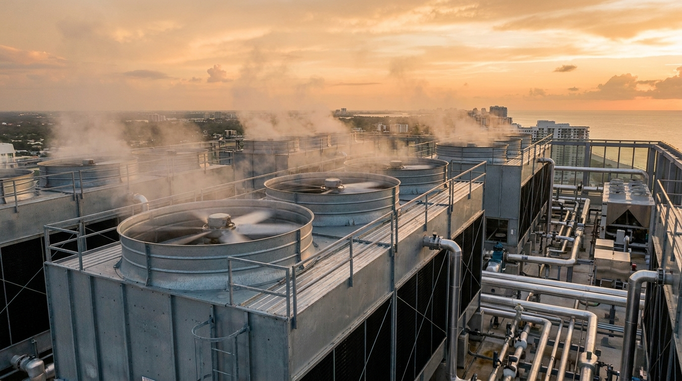 Rooftop cooling towers releasing mist above a South Florida high-rise at golden hour.